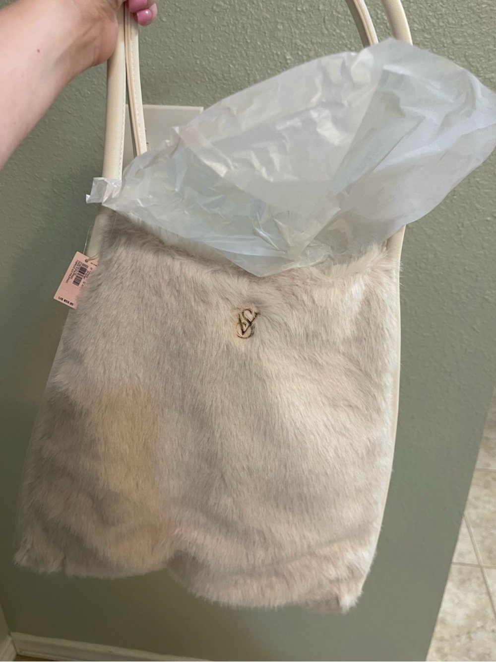 PINK Victoria's Secret Cream Faux Fur Tote with Gold Logo